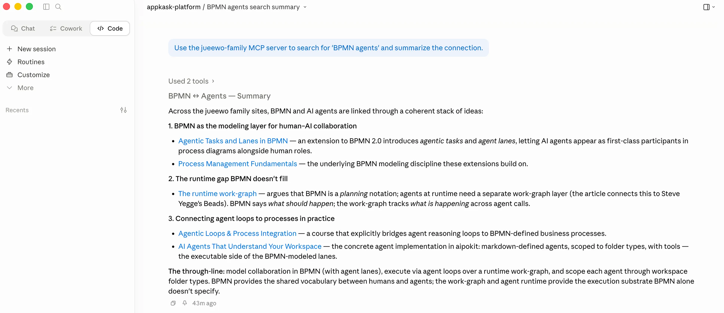 First run: the synthesis above an eight-result list, each row tagged with its source site