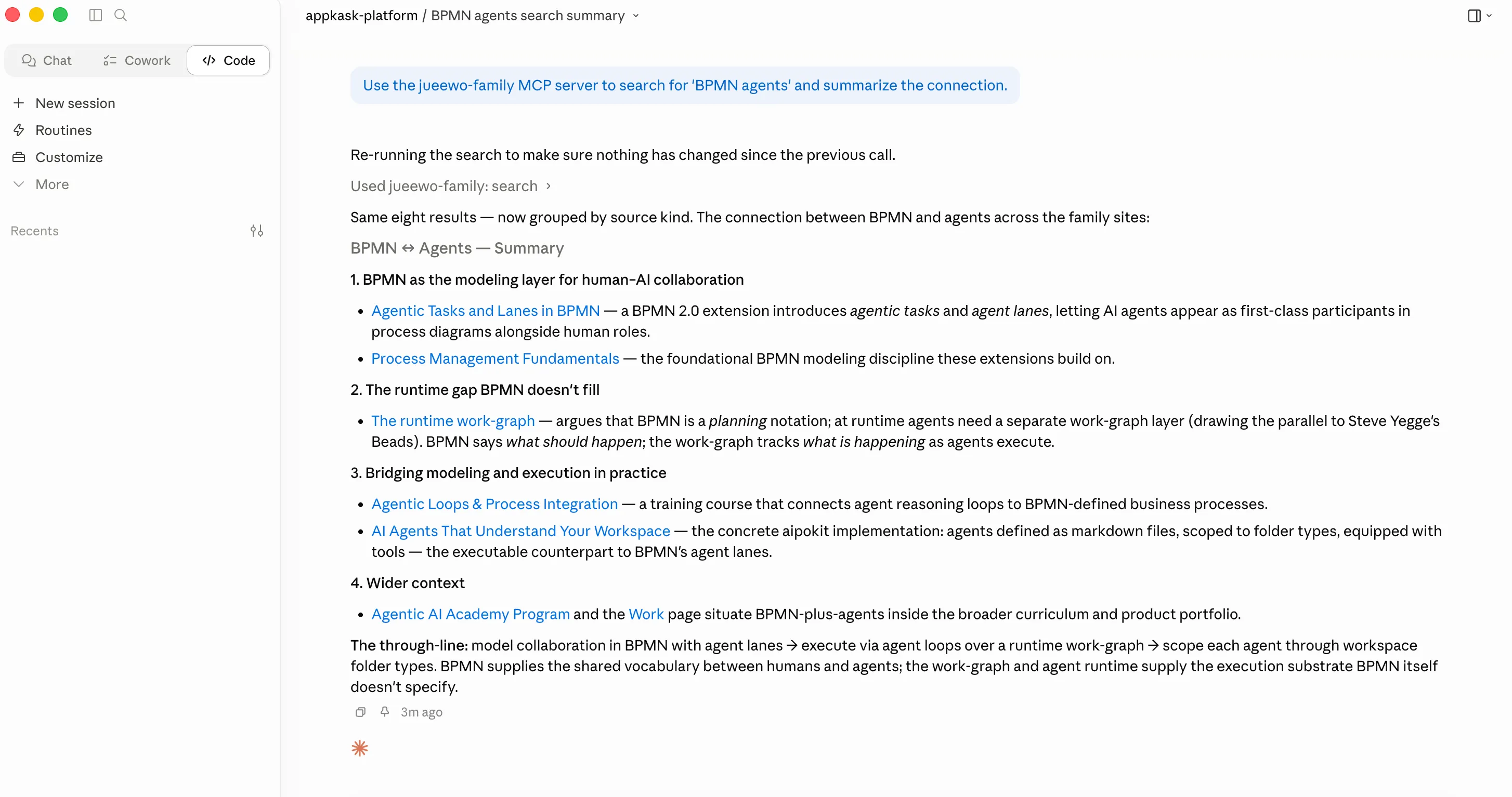 Second run after the server update: same eight results, now grouped under section dividers — PAGES, JOURNAL, TRAINING, UPDATES, ACADEMY