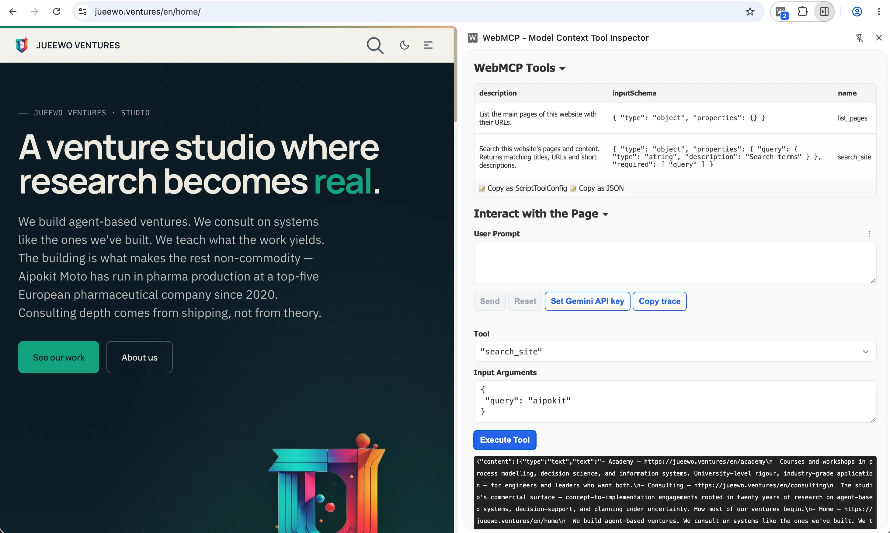 WebMCP on jueewo.ventures via a Chrome extension — the page declares its own tools (list_pages, search_site) that the visitor's own browser-assistant can call without leaving the tab